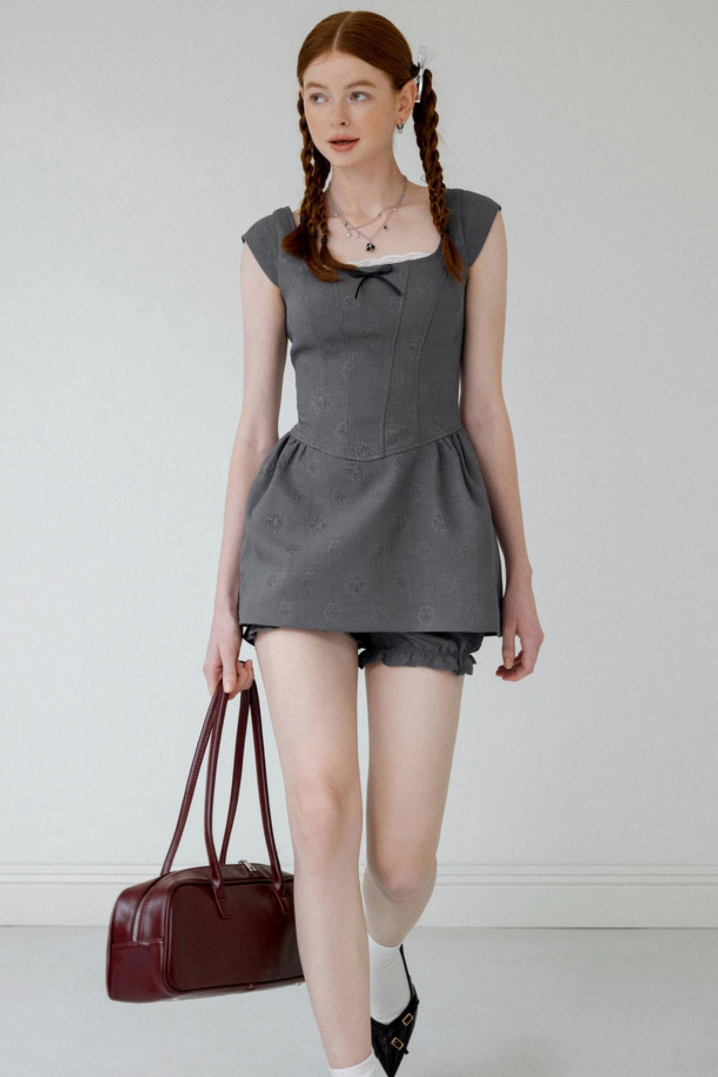 Gray Lace Bow Dress Set