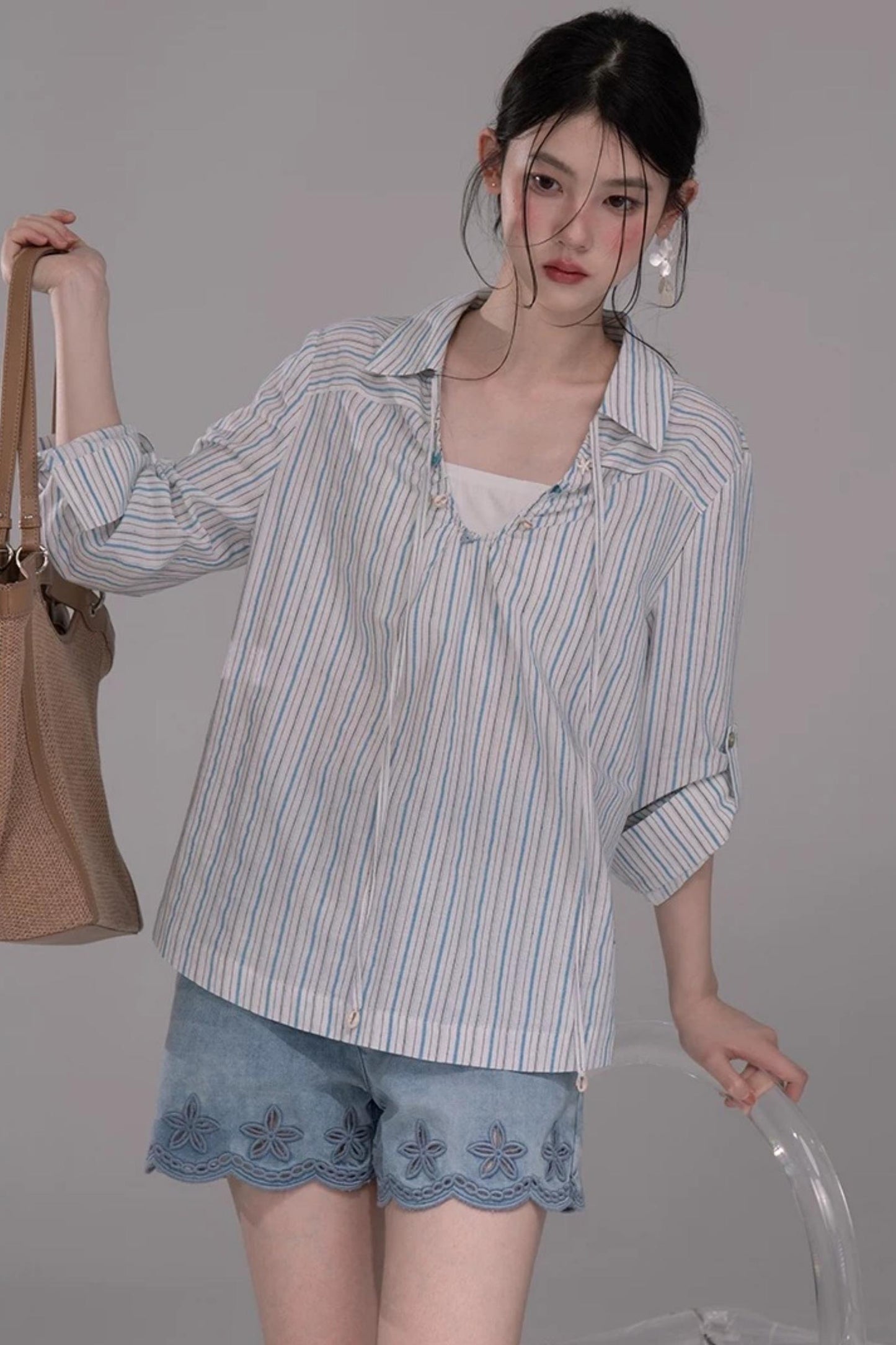 항해풍 소다 블루 스트라이프 탑 세트