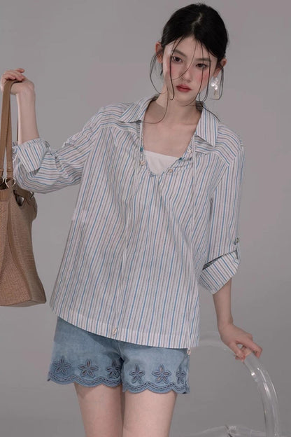 항해풍 소다 블루 스트라이프 탑 세트