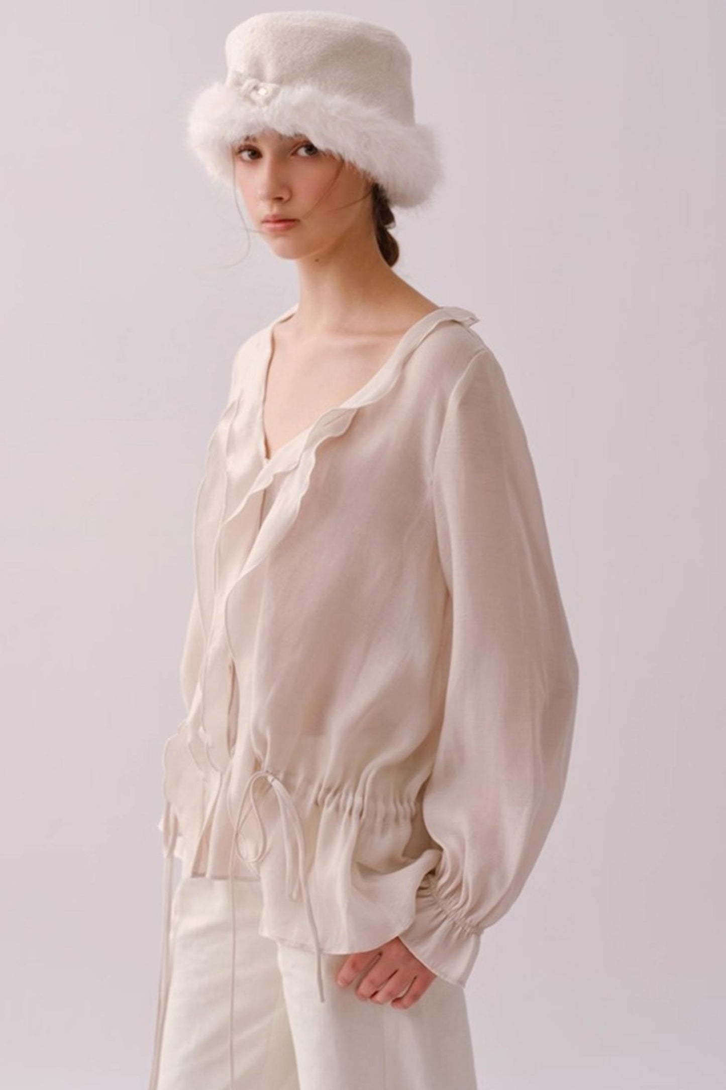 Lyocell Ruffled V-Neck Shirt