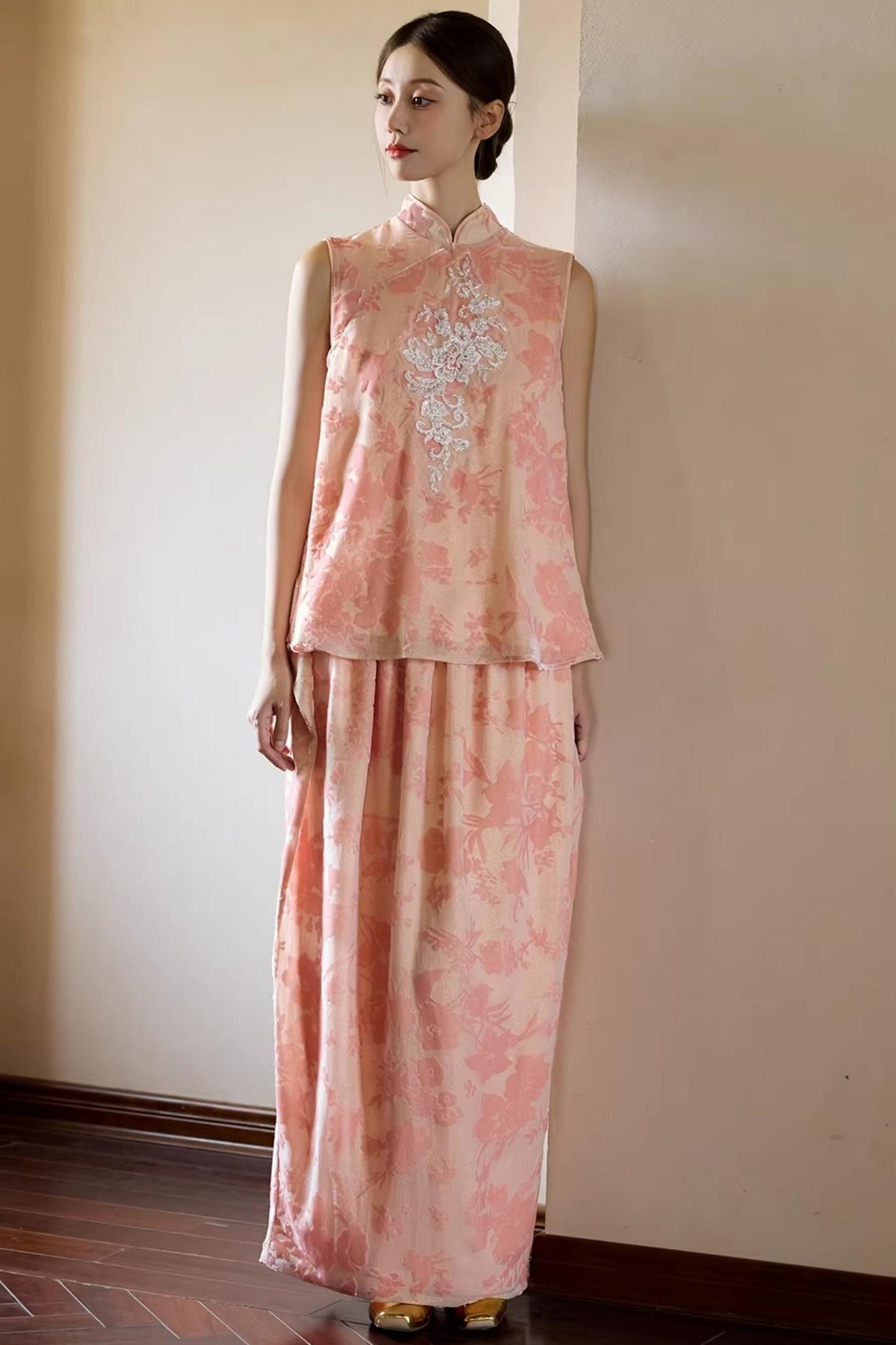 Embroidered Pink Cheongsam Skirt Set-Up