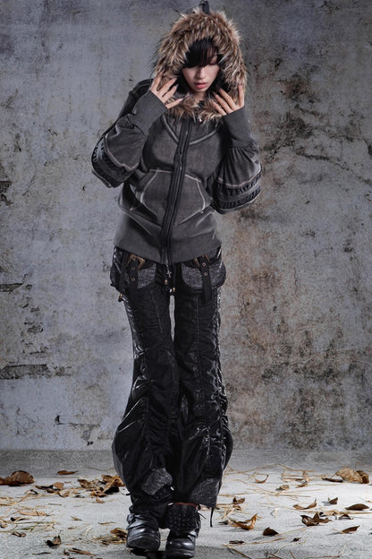 Vintage Lantern Sleeve Hooded Sweatshirt Jacket