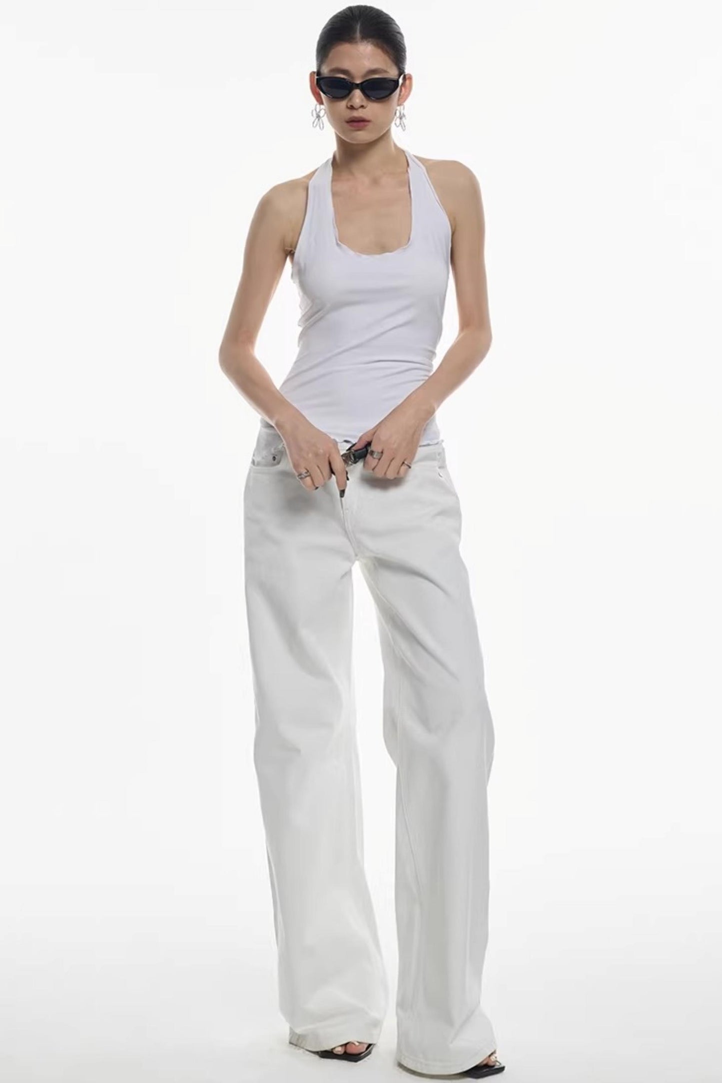 Weiße Mid-Waist Weite Hose