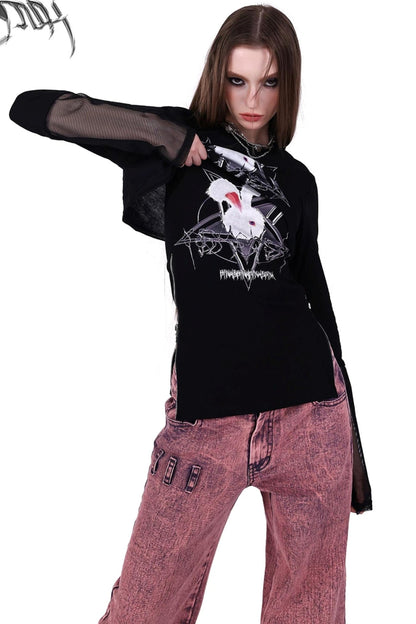 Printed Rabbit Mesh Blouse Set