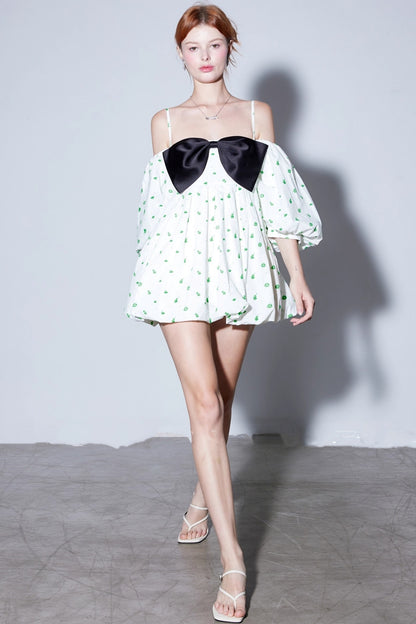 Green Rose Balloon Sleeve Slip Dress