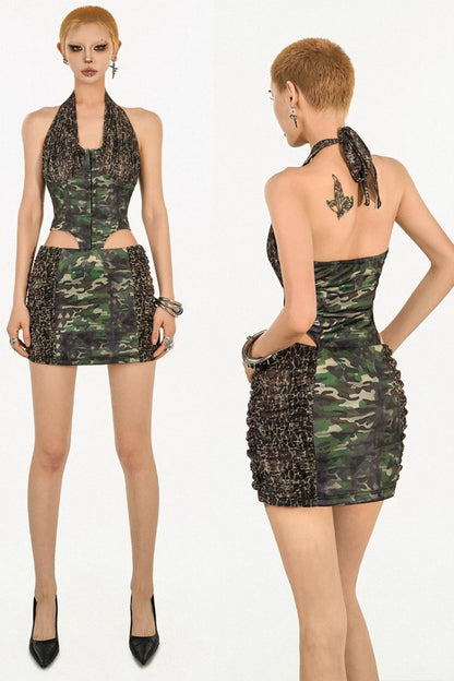 Camouflage Backless Halterneck Dress