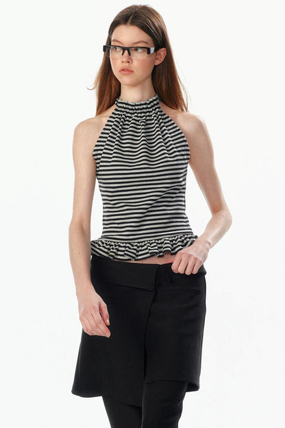 Ruffle Hem Halter Backless Top
