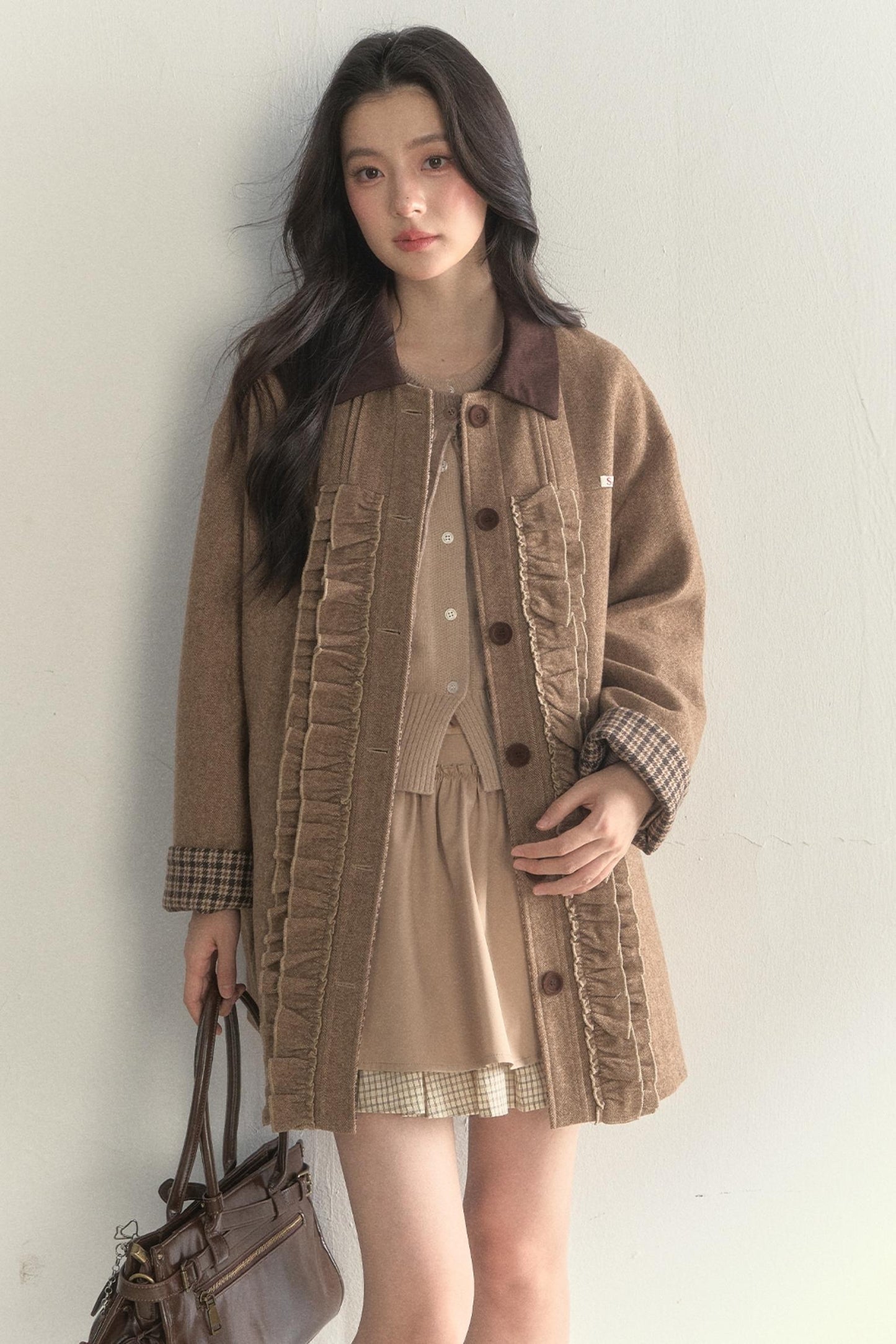 Vintage Khaki Houndstooth Wool Coat