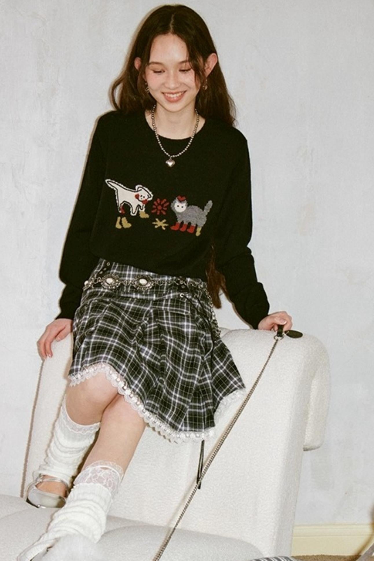 Kitten And Puppy Embroidered Wool Blend Knit Sweater