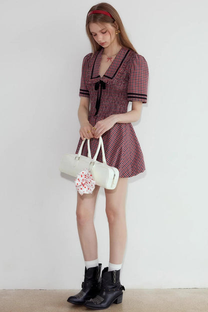 Plaid V-neck Bow Bubble A-Line Bud Dress