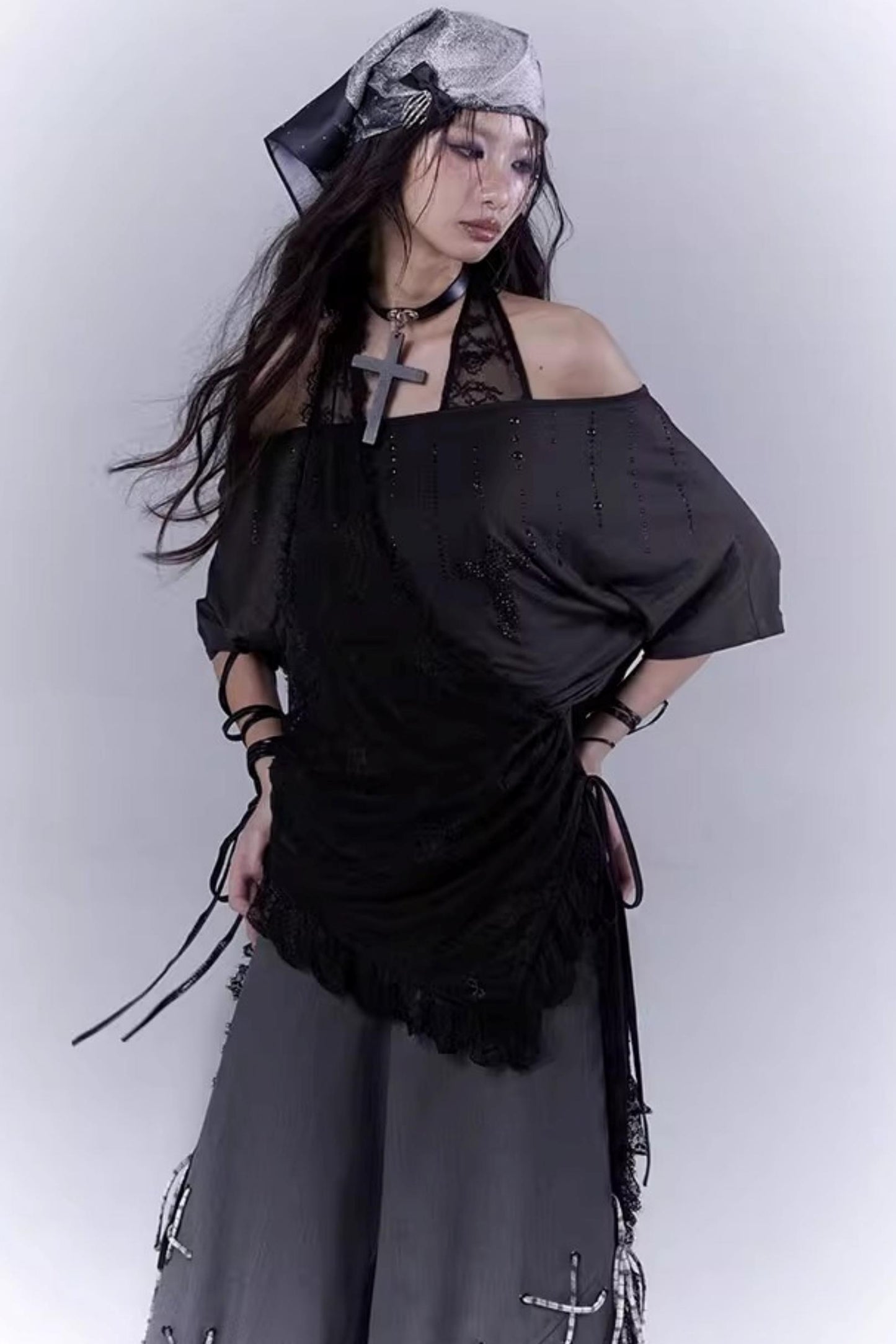 Black Lace-Trimmed Tee