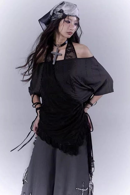 Black Lace-Trimmed Tee