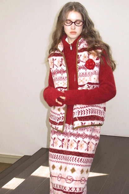 Berry Peach Retro Fleece Vest Jacket Skirt Set-Up