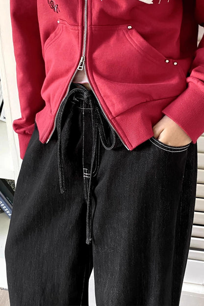 Black Washed Elastic Waist Wide-Leg Jeans