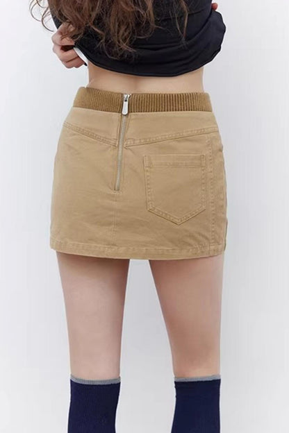 Khaki Waist Patchwork Ribbed Skirt