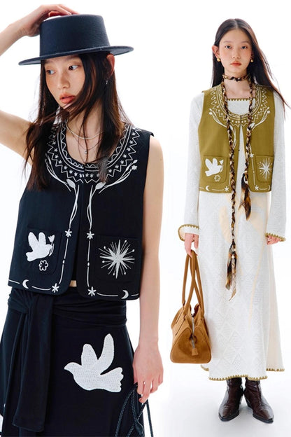 Bright Star Vintage Bird Embroidery Wool Jacket Set-Up