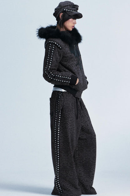 Leopard Print Plush Hooded Jacket Set-Up