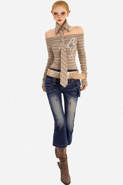 Retro Gestreiftes Off-Shoulder-Top