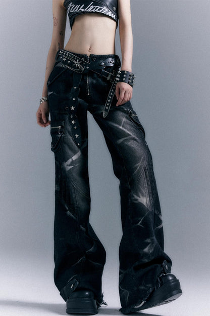 Vintage Studded Denim Flared Pants