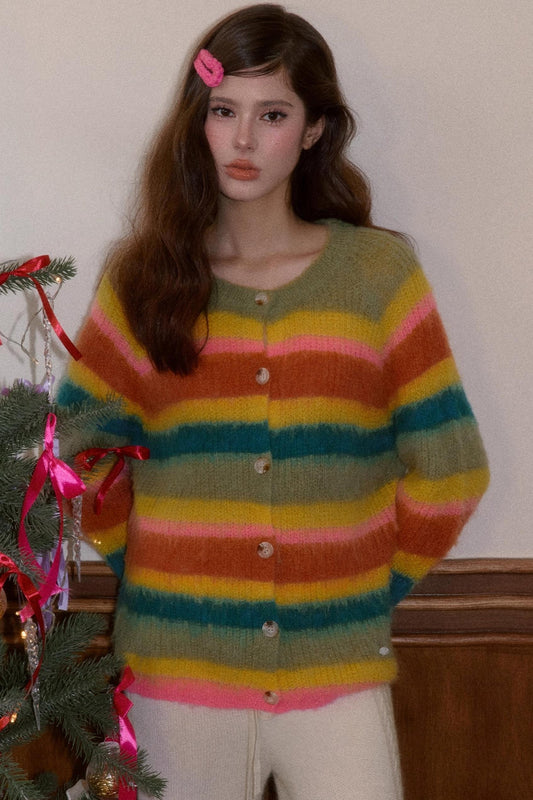 Fleece Rainbow Stripe Cardigan