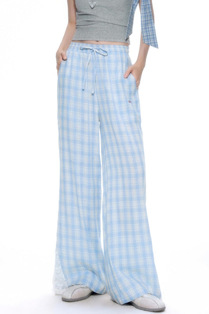 Blue Lace-Trimmed Wide-Leg Pants