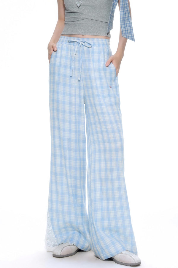 Blue Lace-Trimmed Wide-Leg Pants