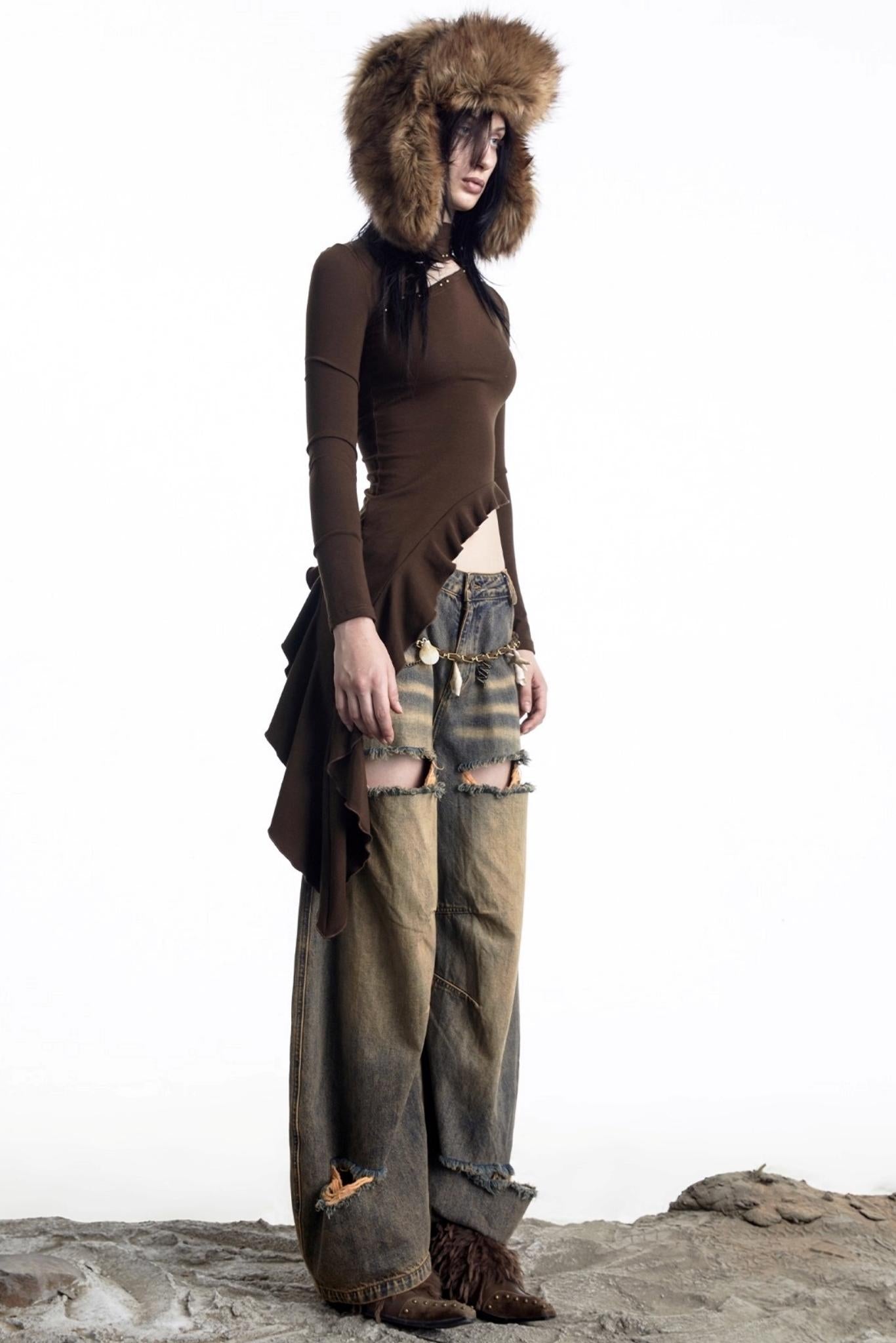 Openwork Rivet Ruffled Knit Top