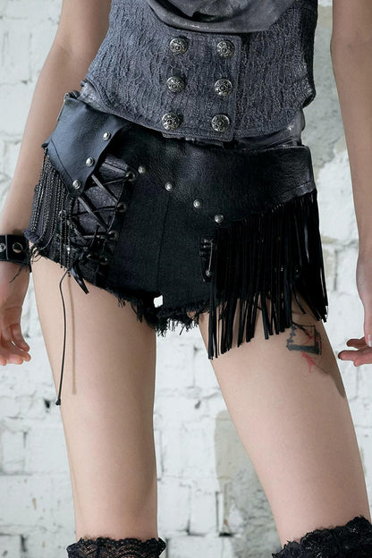 Punk Chain Leather Denim Shorts