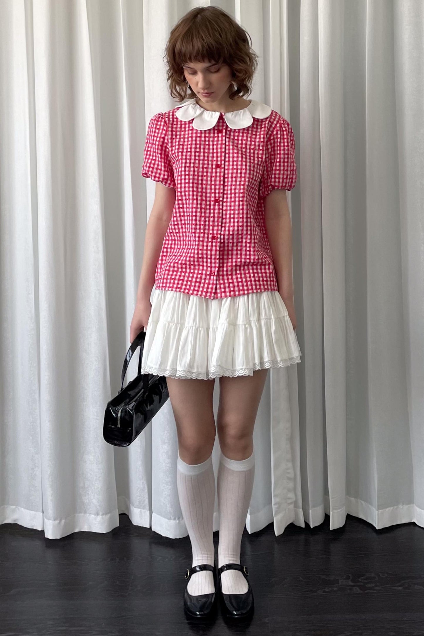 Red Plaid Lantern Sleeve Shirt