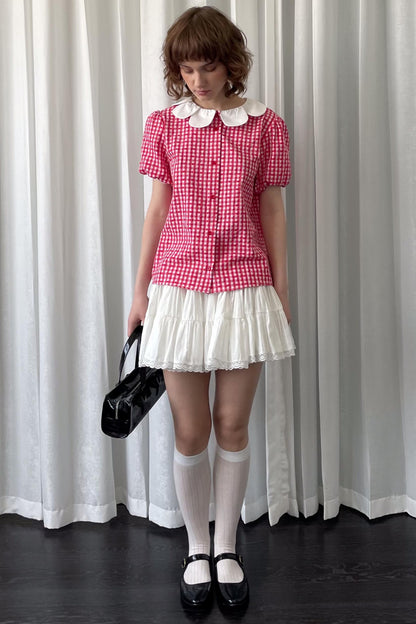 Red Plaid Lantern Sleeve Shirt