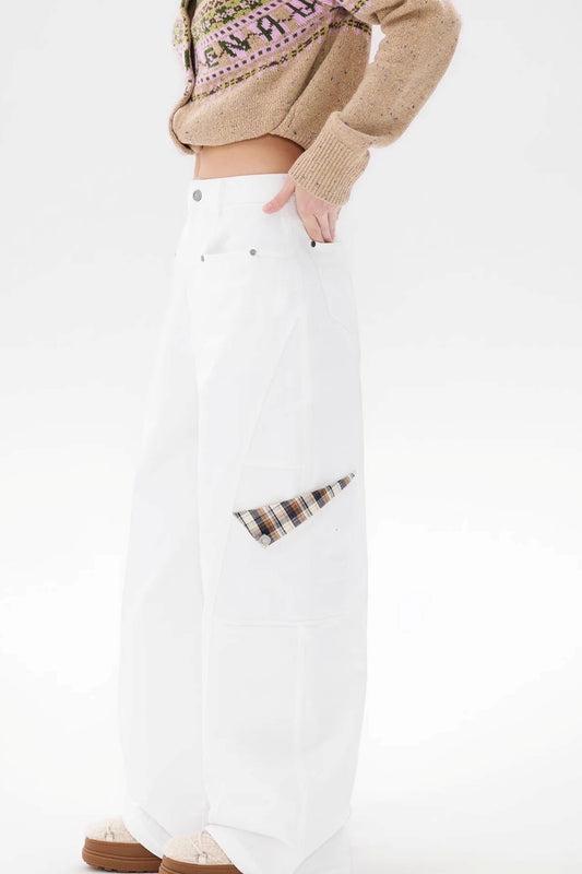 White Plaid Wide-Leg Cargo Pants