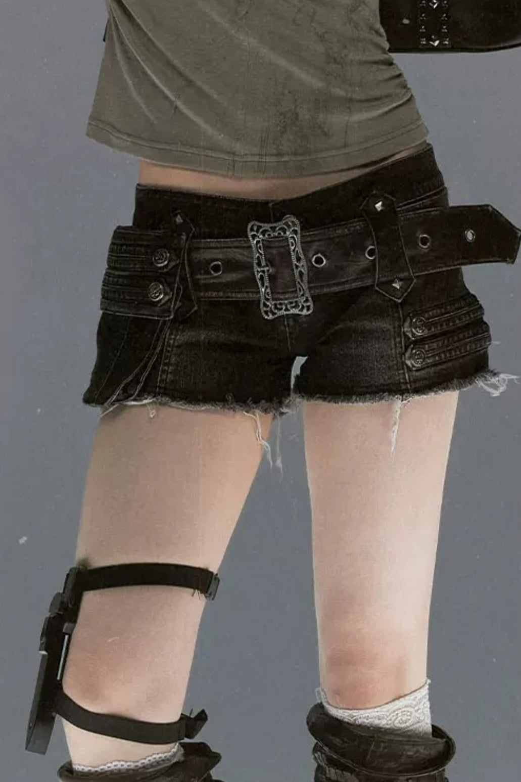 Leather Pocket Denim Shorts