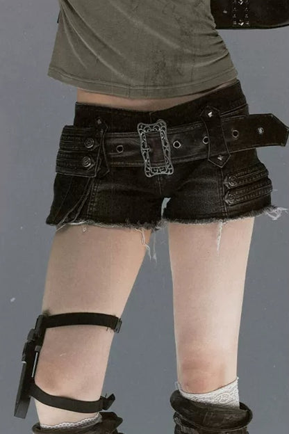 Leather Pocket Denim Shorts