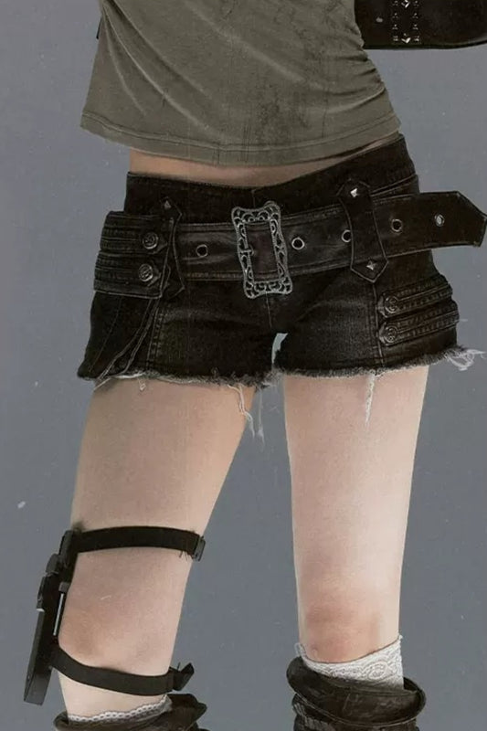 Leather Pocket Denim Shorts