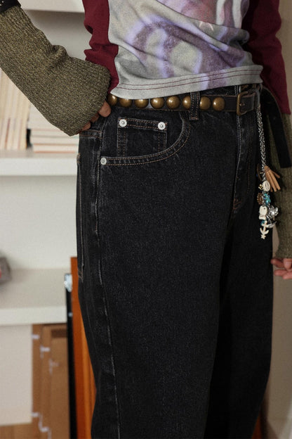 Retro Gray Black Commuter Loose Straight Jeans