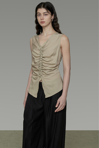 Khaki V-Neck Sleeveless Top
