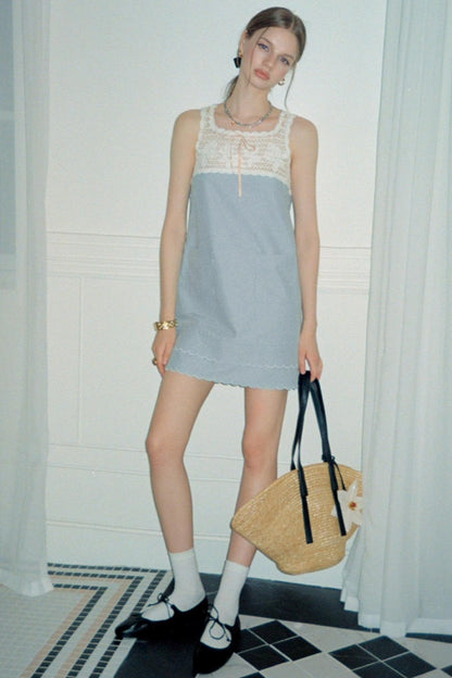 Blue Crochet Square Neck Dress