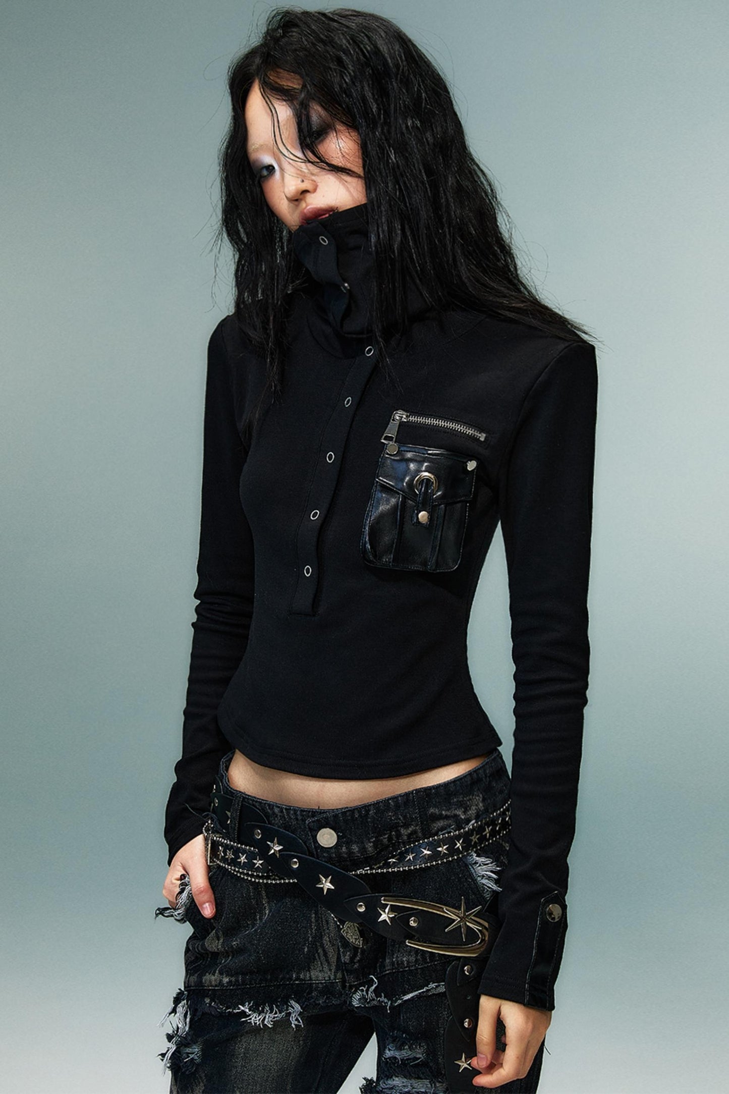 Punk High Neck Slim Knit Base Top