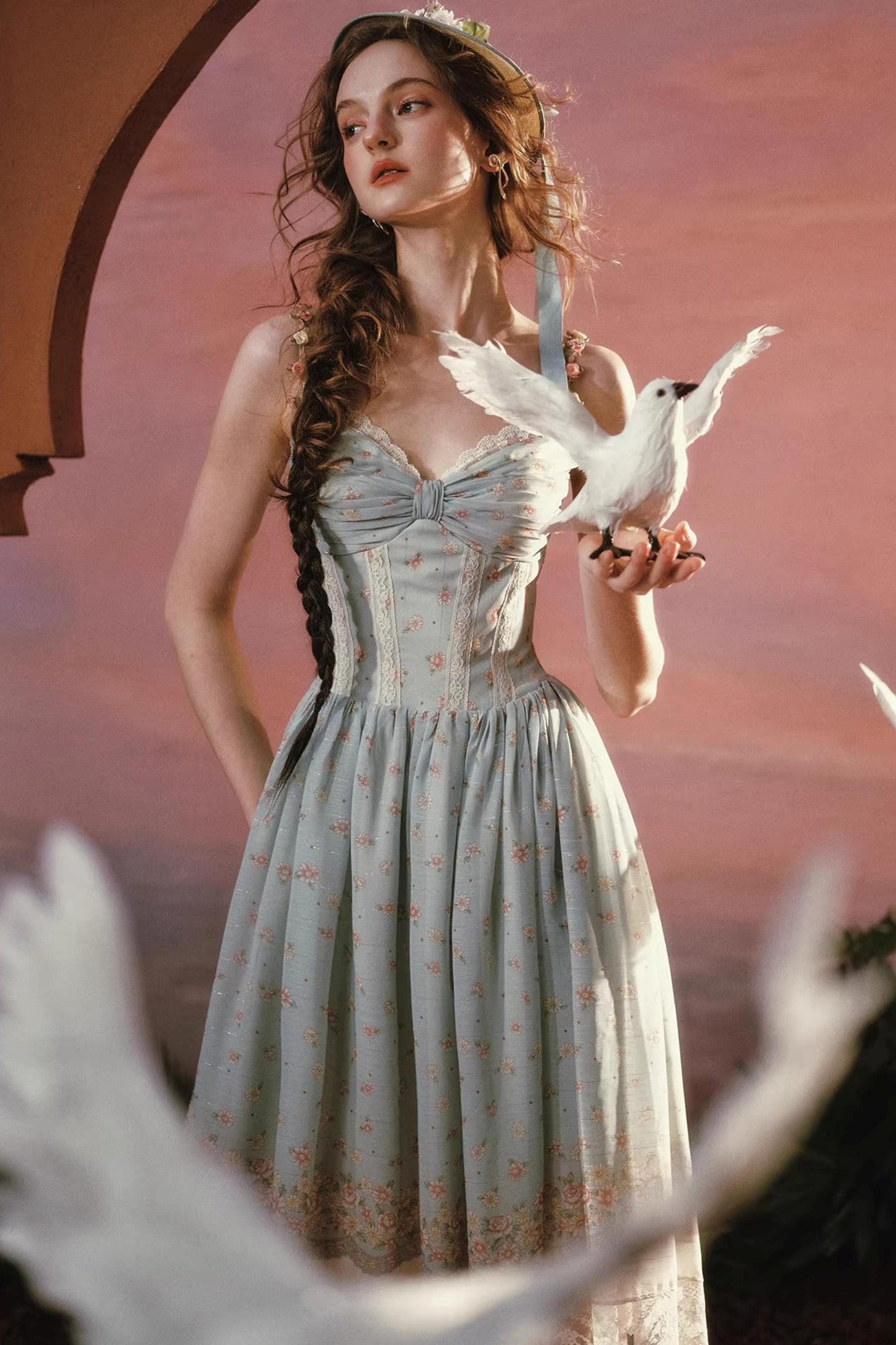 Green Floral Sweet Strap Dress