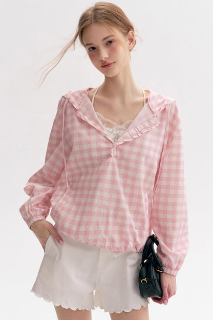 Cream Pink Plaid Lace Hooded Pullover Top