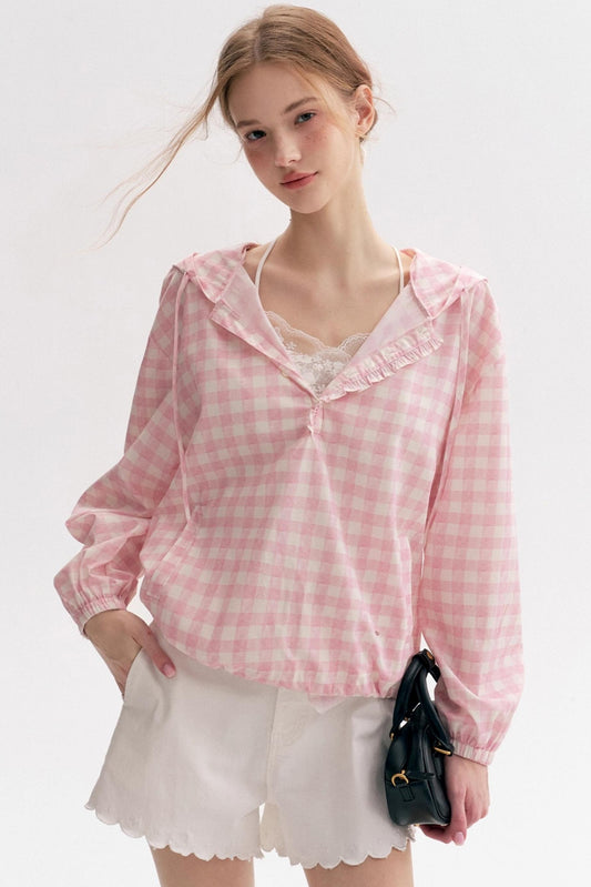 Cream Pink Plaid Lace Hooded Pullover Top