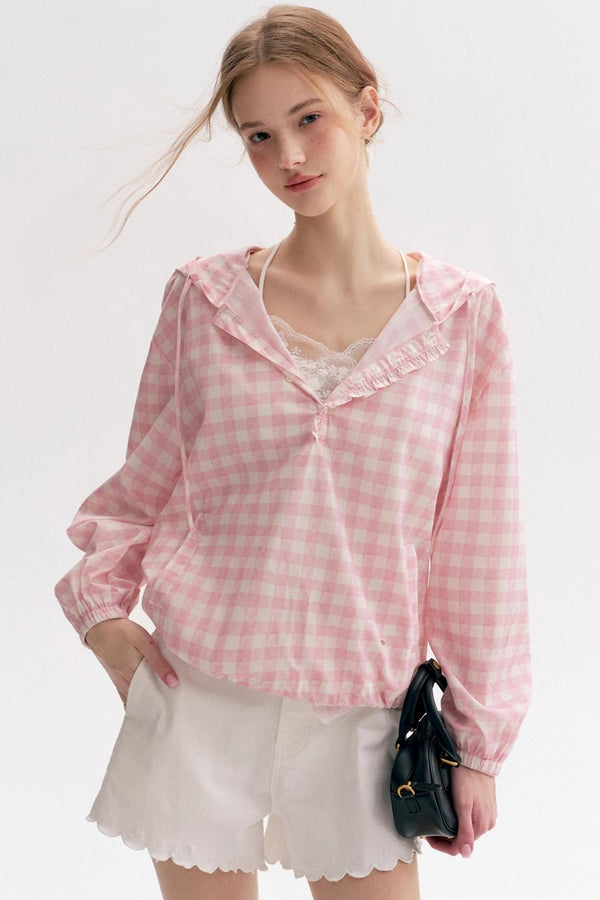 Cream Pink Plaid Lace Hooded Pullover Top