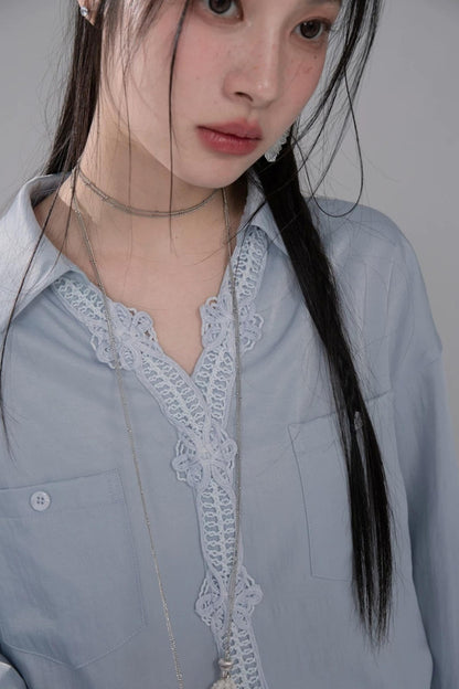 Mist Blue Lace Collar Shirt