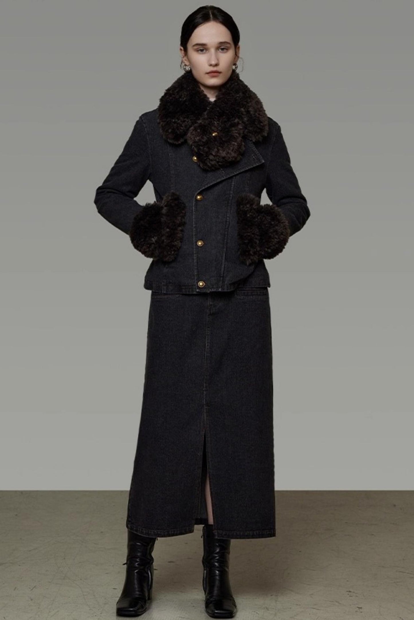 Patchwork Fur Collar Denim Jacket Set-Up