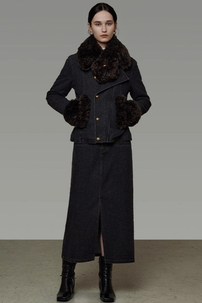 Patchwork Fur Collar Denim Jacket Set-Up