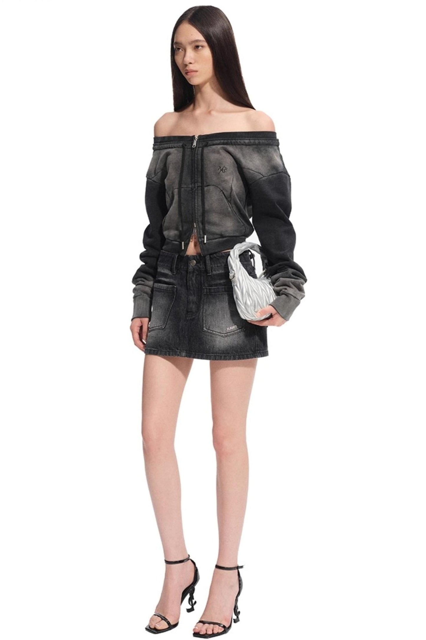 Ink-Dotted One-Shoulder Long-Sleeved Top