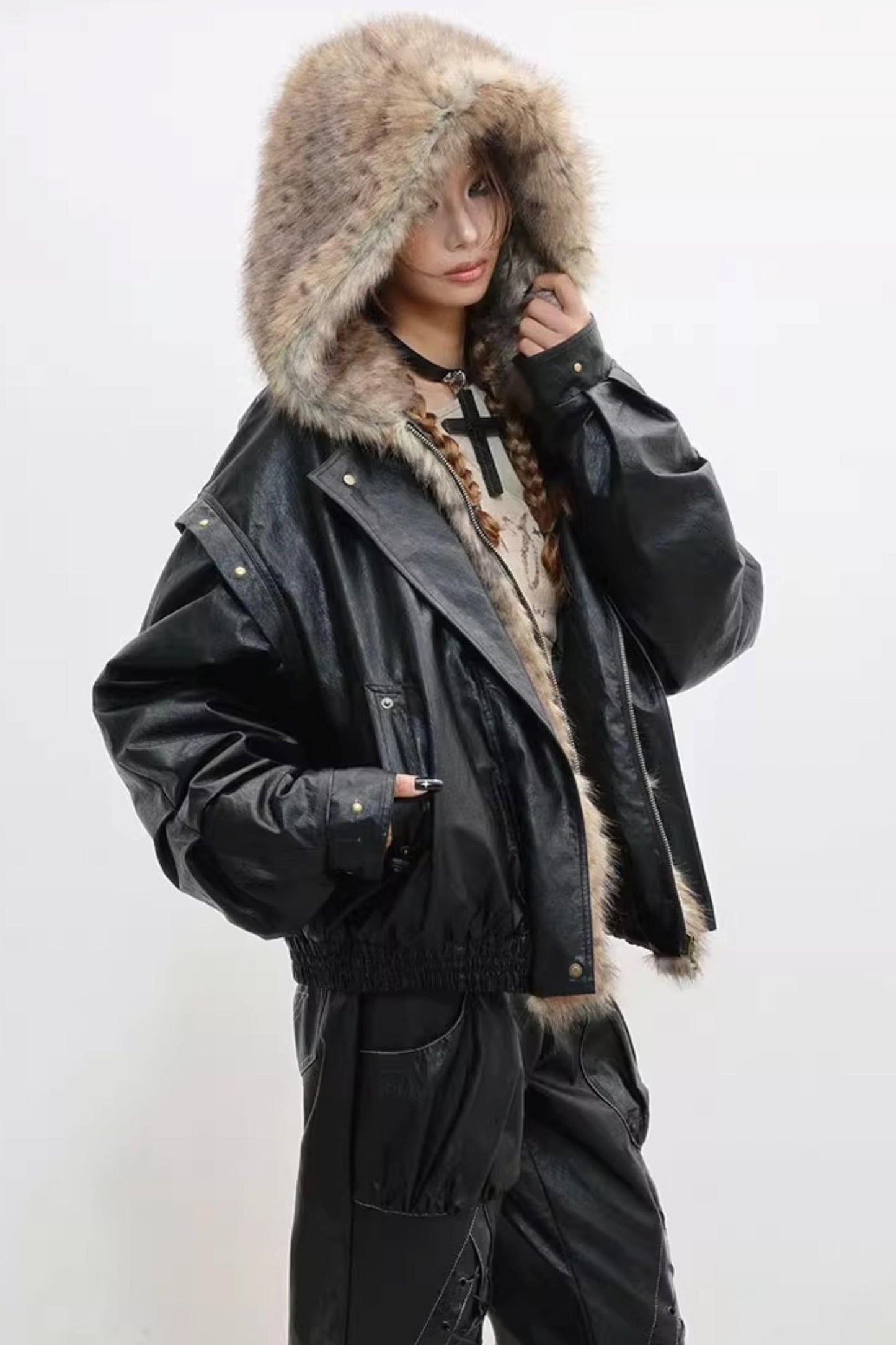 Invisible Fur Patchwork Leather Jacket