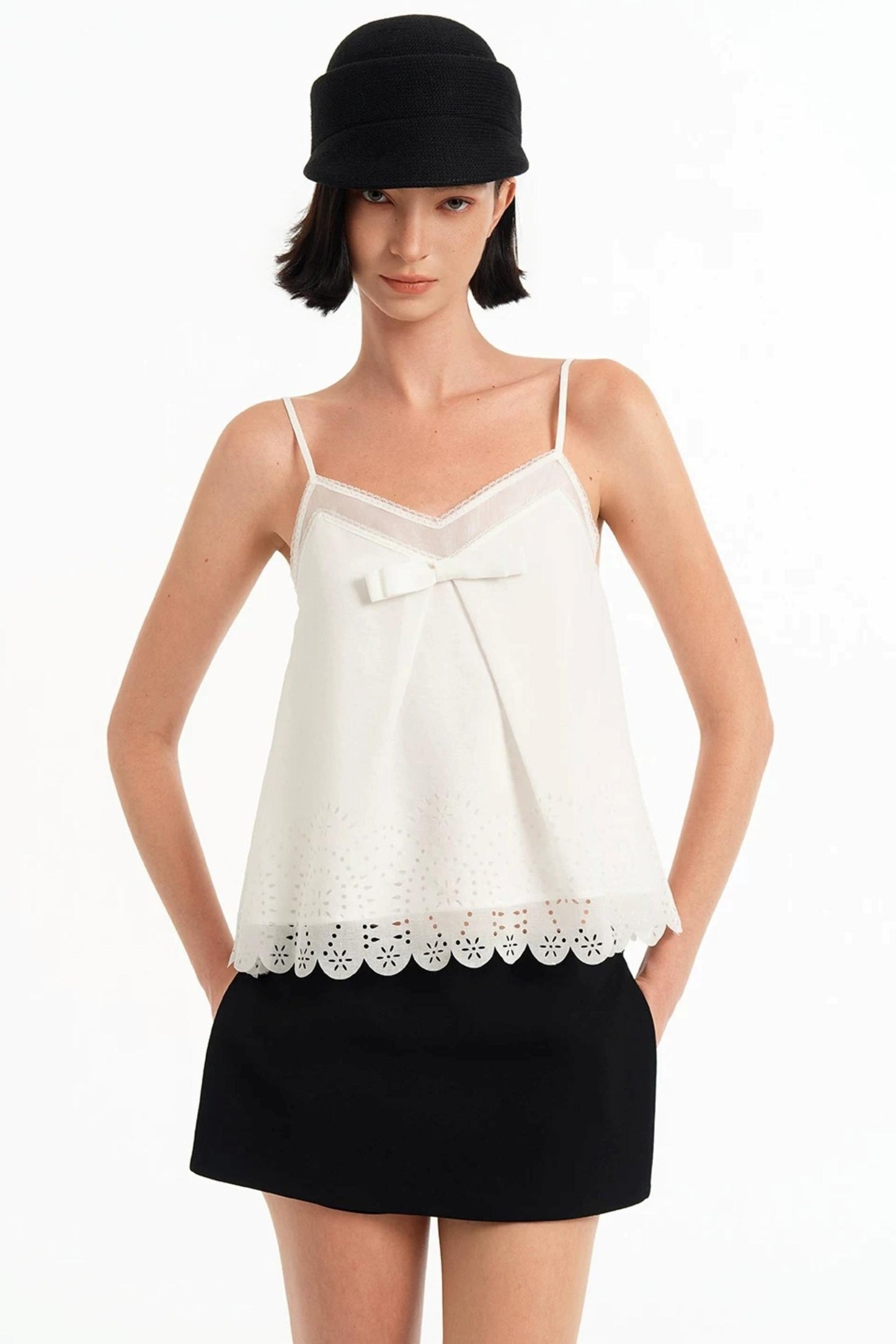 Hollow-Out V-Neck Bowknot Lace Camisole