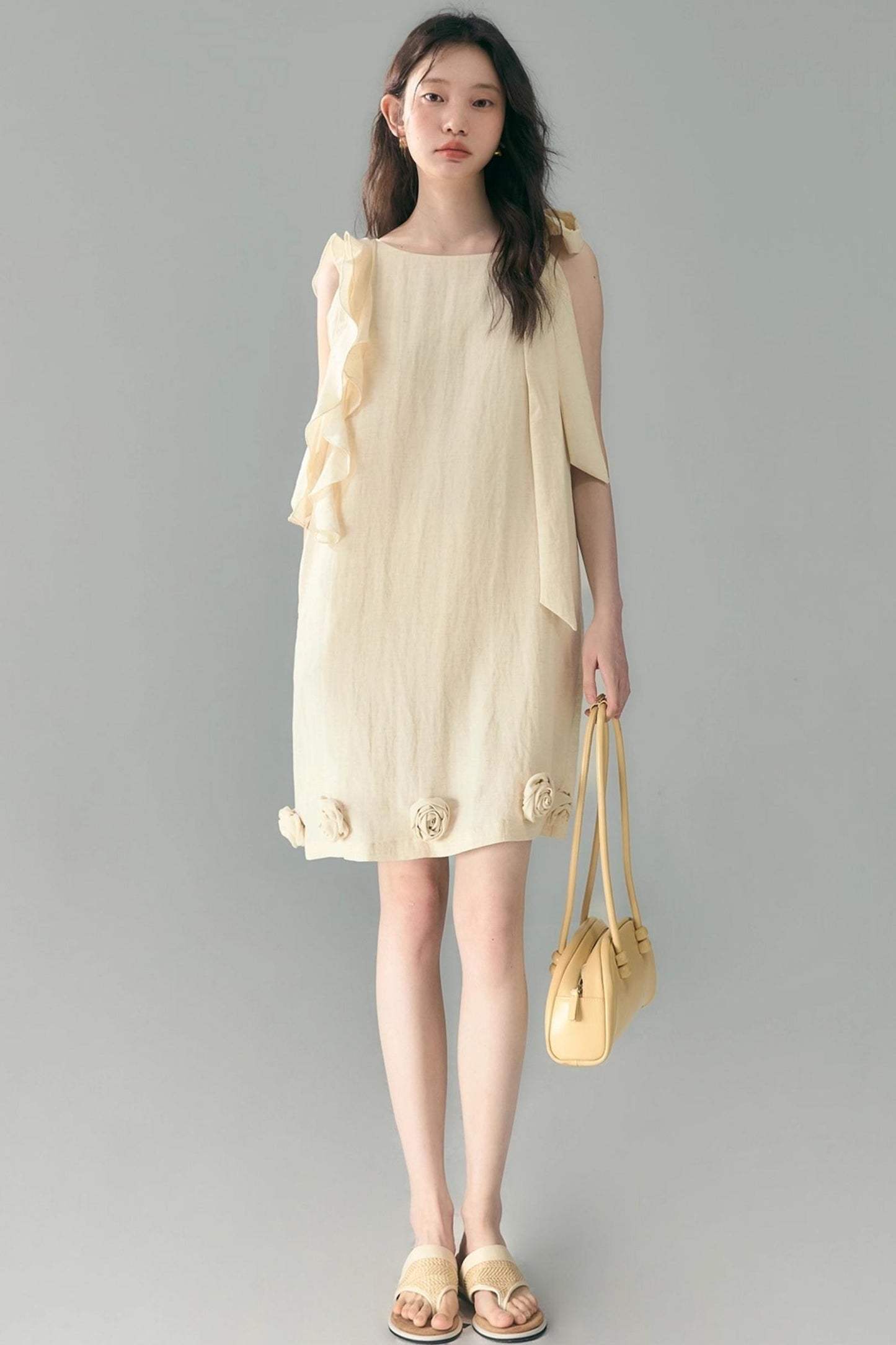Three-Dimensional Rose Lace Linen-Blend Dress