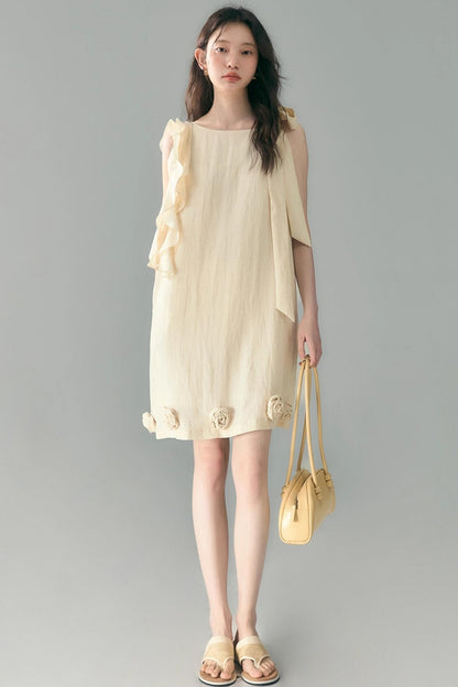 Three-Dimensional Rose Lace Linen-Blend Dress